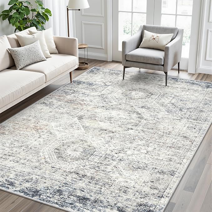 Soalmost 5x8 Area Rugs Blue/Ivory Low Pile Washable Trendy Faded Style Rug | by Soalmost