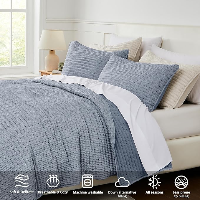 Chambray Pick Stitch Oversized King Size Quilt Set, California King Striped - Image 3