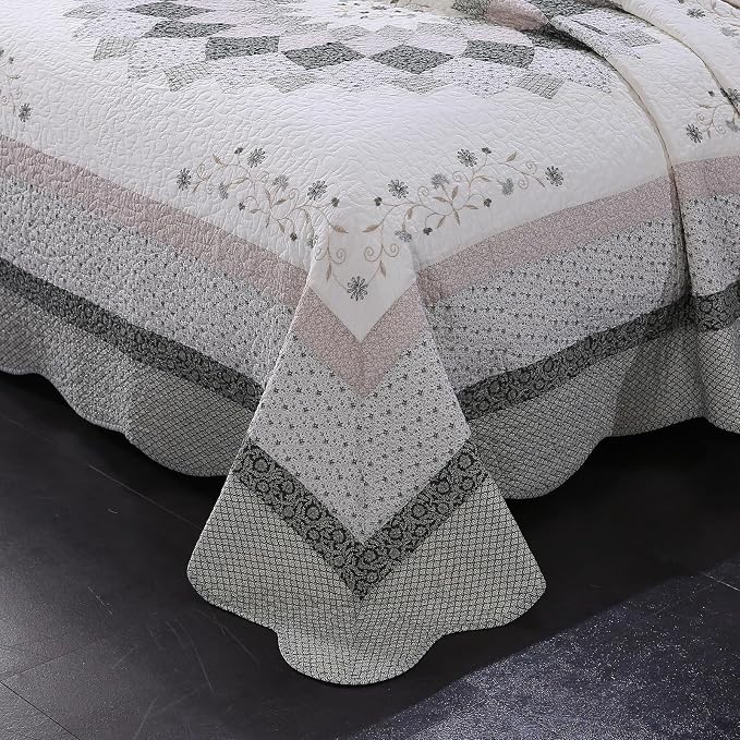 ROOMLIFE Quilt Set Queen Size 3D Floral Embroidery Pattern 3-Piece Cotton | - Image 3