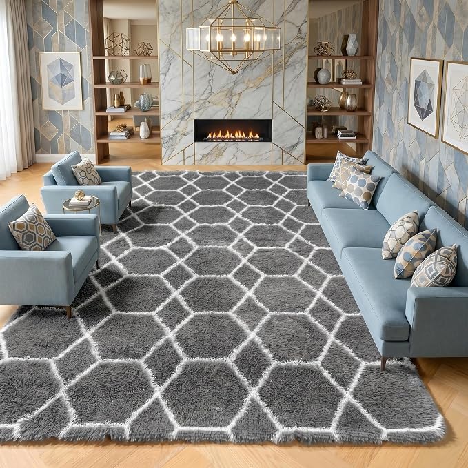 8x10 Area Rugs for Living Room, Fluffy Grey and White Bedroom Rug, Geometric by ONASAR