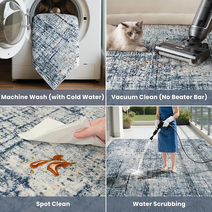 6x9 Washable Area Rug for Living Room Bedroom: Non-Slip Modern Blue Gold | - Image 5
