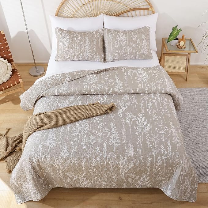 JANZAA Quilt King Size, Oatmeal Quilt Floral Bedspread 3Pcs Boho Bedding Set - Image 6