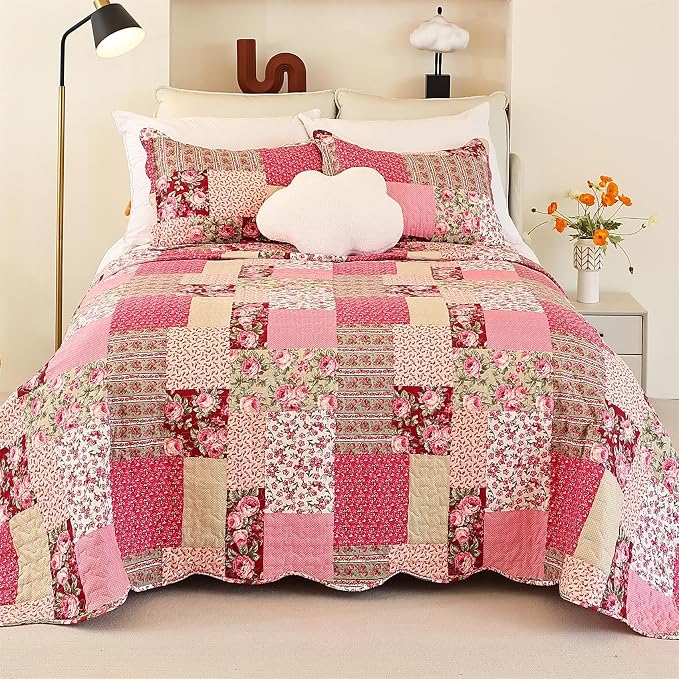 Cmfshape Summer Floral Oversize King Bedspread, Romantic Pink Quilt Set King - Image 2