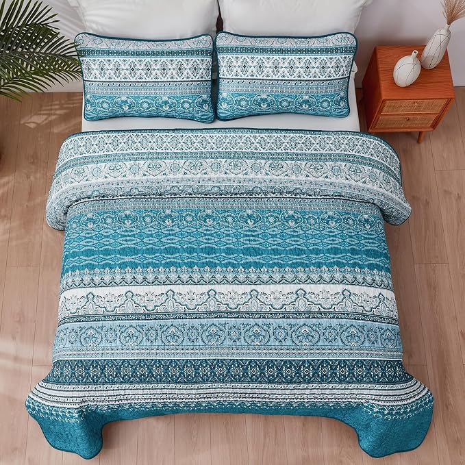 WONGS BEDDING Boho King Quilt Set, Teal and Blue Bohemian Quilt Bedding Set - Image 6
