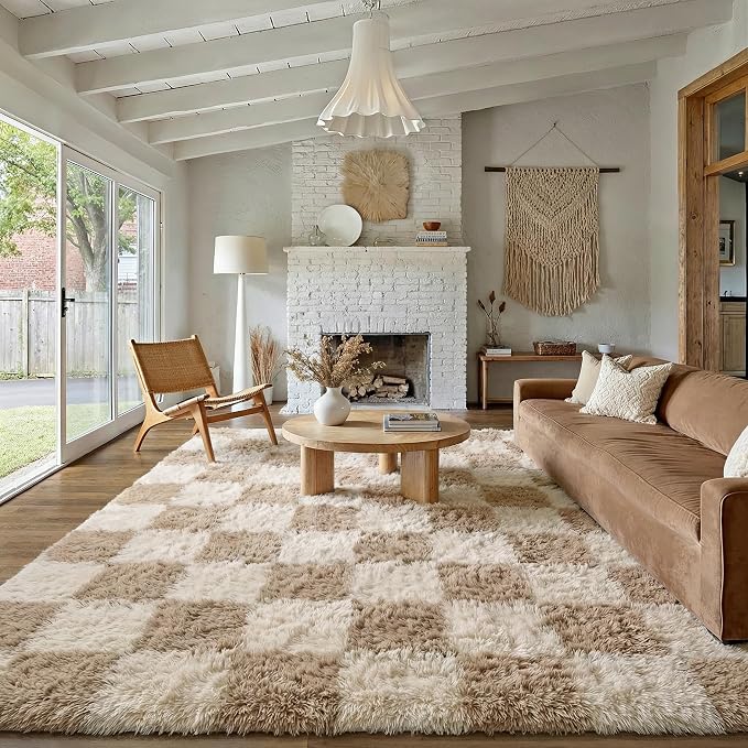 Beige 7x10 Area Rug for Living Room Soft Checkered Shag Carpet | Machine by PureCozy