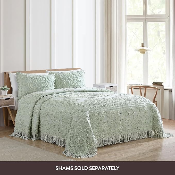 Beatrice Home Fashions Medallion Twin Cotton Chenille Bedspread, Sage | Vintage - Image 4