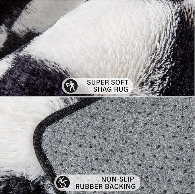 Checkered Rug 9x12 for Living Room Black and White Soft Shag Rugs | Machine - Image 6