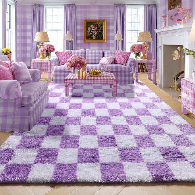 KICMOR Purple Rugs for Living Room Bedroom, 5x7 Fluffy Soft Checkered Area Rug by KICMOR