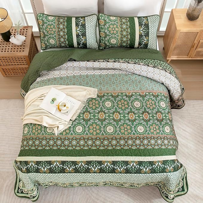 Yiran Quilts King Size, Fall Olive Green Bedspreads Bedding Set | Lightweight - Image 6