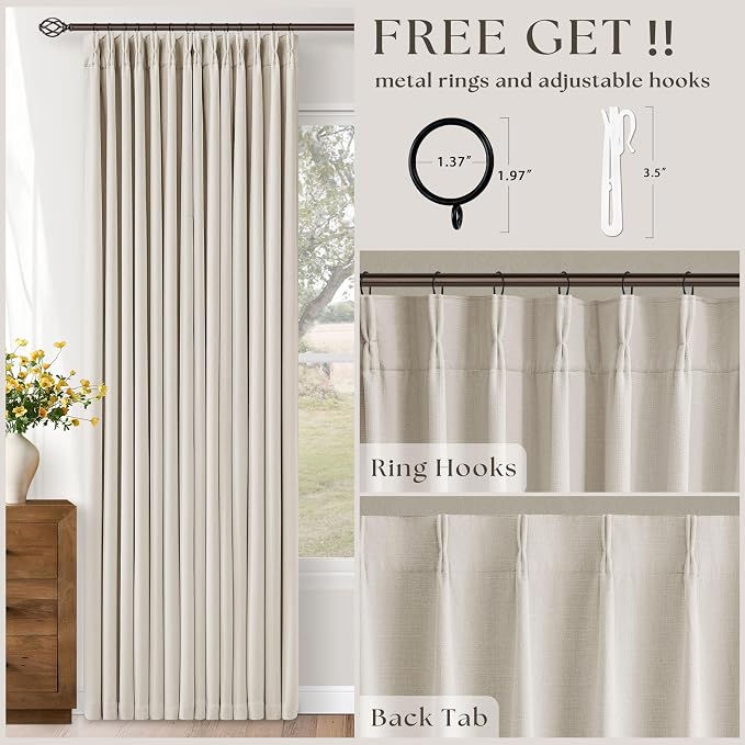 100 Inch Blackout Linen Curtains Pinch Pleated Back Tab Dual Layer W40xL100 | - Image 4