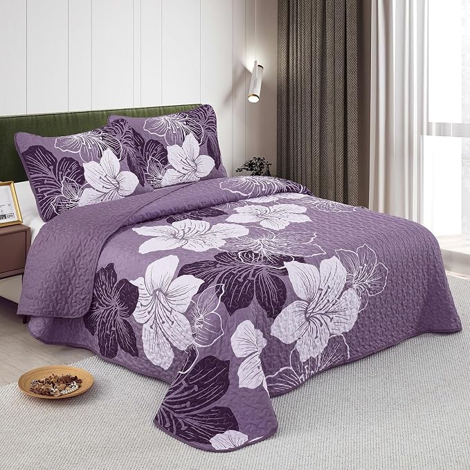 DJY Quilt King Size, Dark Purple Floral Boho Bedspread Coverlet Set 3 Pcs | - Image 2