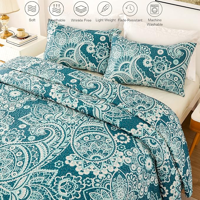 Whale Flotilla Patchwork Quilts Queen Size, Soft Boho Paisley Bedspreads | - Image 3
