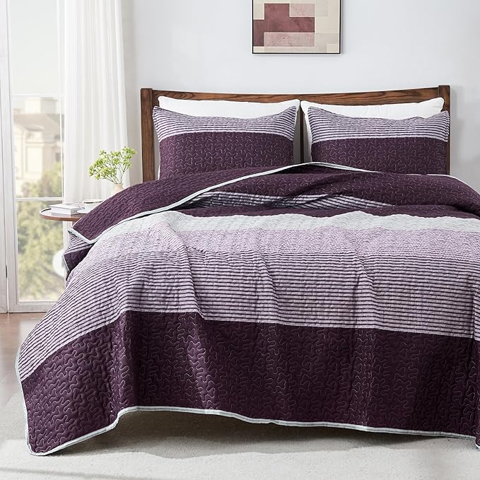Queen Quilt Set Purple Grey, 3 Pieces Striped Bedspread | Ultra Soft Summer by Andency