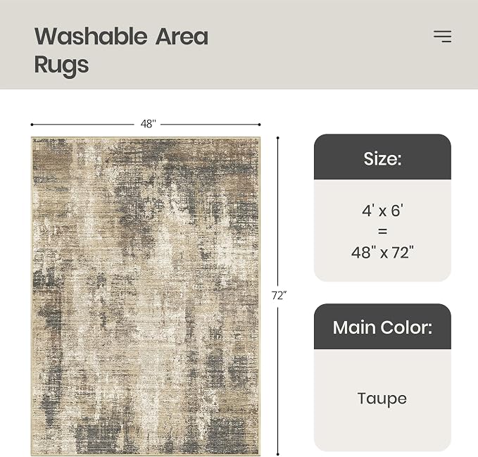 4x6 Area Rug for Entryway, Abstract Washable Bedroom Rug, Taupe | Soft & - Image 2