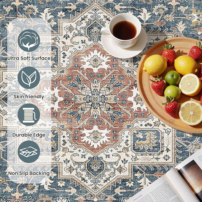 cotiled 2x3 Area Rug for Living Room, Traditional, Vintage Blue | Washable Soft - Image 6