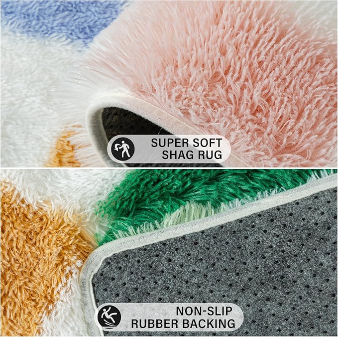 Colorful Area Rug 5x7 for Bedroom Soft Checkered Shag Carpet | Machine Washable - Image 6