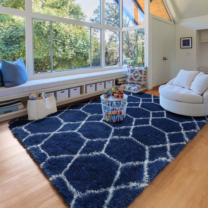 Large 6x9 Area Rugs for Living Room, Fluffy Geometric Navy and White Rug for - Image 9