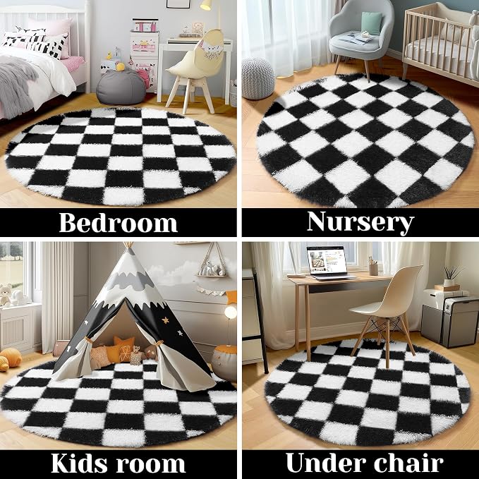 KICMOR Round Rugs 8ft Black and White Circle Area Rug, Fluffy Soft Large Fuzzy - Image 5
