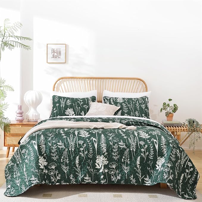 JANZAA Quilts Queen Size, Emerald Green Bedspread Floral Bedding Set 3 Pcs | - Image 5