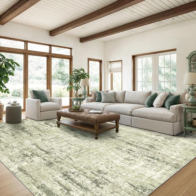 8x10 Area Rugs for Living Room, Abstract Large Washable Rug Green | Soft & - Image 3