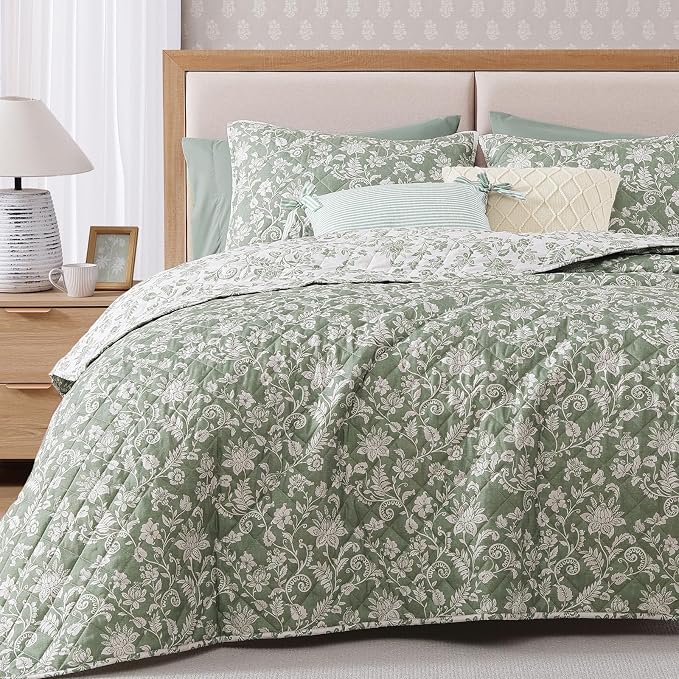 California King Quilt Set-3 Pieces Soft Bedding Floral Reversible Coverlet | - Image 8