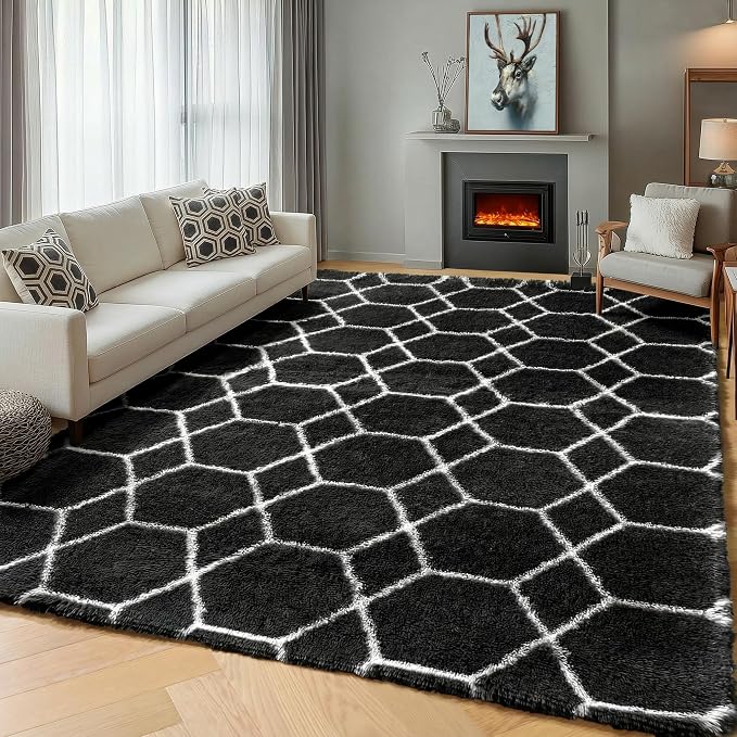 Area Rugs for Bedroom Living Room, Fluffy 4x6 Black and White Rug, Geometric - Image 7