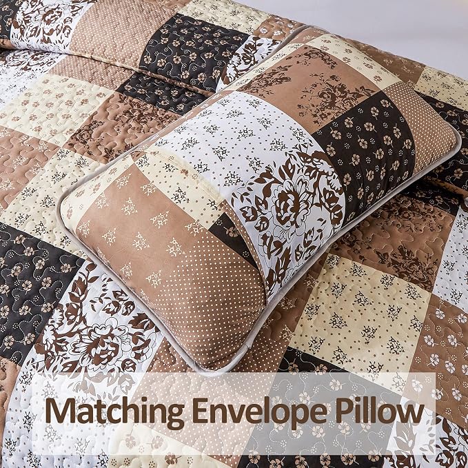 Mybedsoul Brown Patchwork Quilt Set California King Size, 3 Pieces Khaki Floral - Image 6