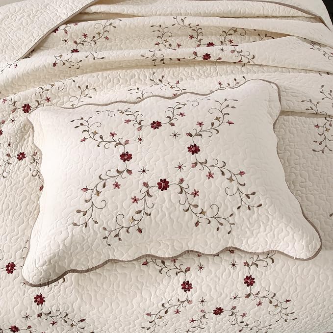 Quilt Set King Floral Leaves 3D Embroidery Pattern 3-Piece Cotton Blend | - Image 5