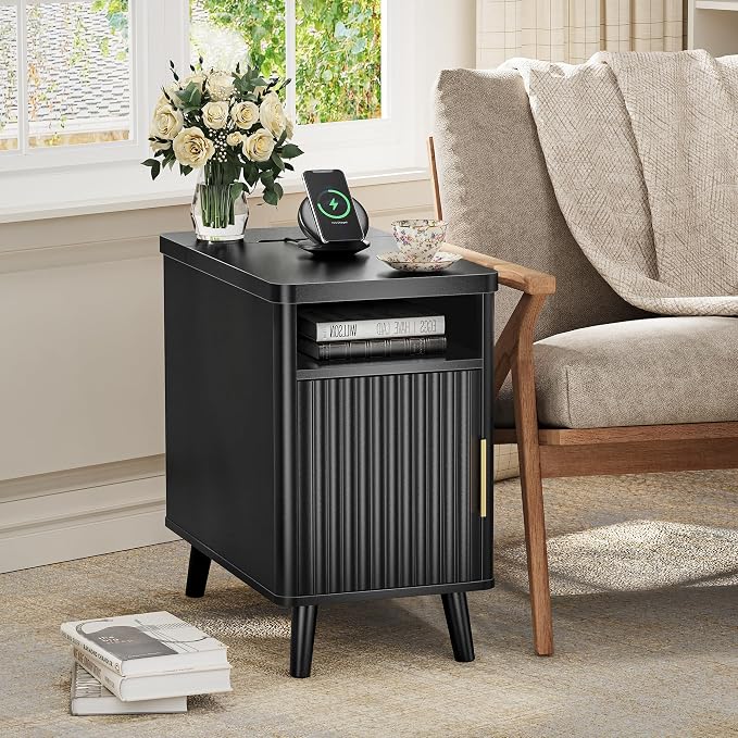 Huuger Narrow End Table with Charging Station, USB-C Port | Fluted Nightstand - Image 8