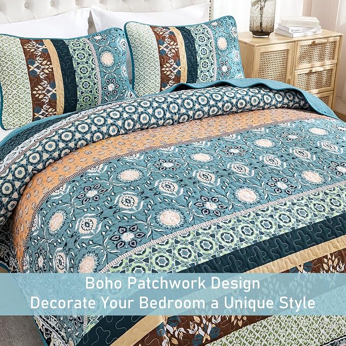 Yiran Blue Boho Quilt Set King Size, Fall Patchwork Bedspreads | Bohemia - Image 3