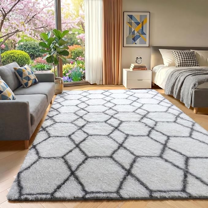 Area Rugs for Bedroom Living Room, Fluffy 4x6 White and Grey Throw Rug by ONASAR