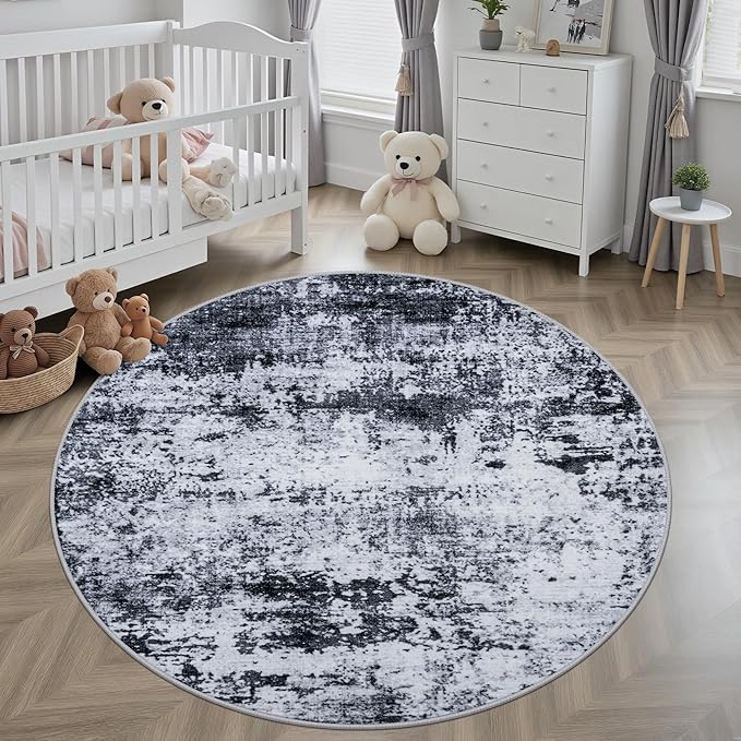 Round Area Rug Living Room: 4 ft Modern Washable Carpet Black | - Image 3