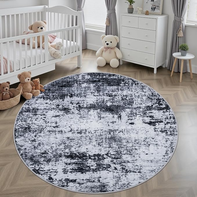 Round Area Rug Living Room: 8 ft Modern Washable Carpet Black | - Image 4