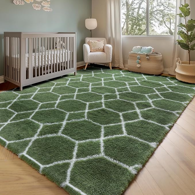 5x7 Area Rugs for Living Room Bedroom, Fluffy Olive Green and White Throw Rug - Image 8