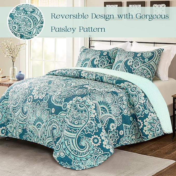 Whale Flotilla Patchwork Quilts Queen Size, Soft Boho Paisley Bedspreads | - Image 2