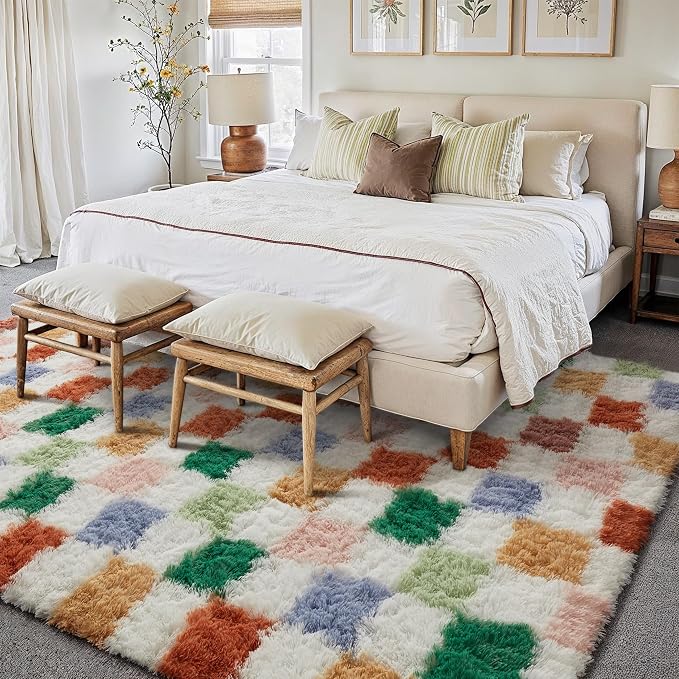 Colorful Area Rug 7x10 for Living Room Soft Checkered Shag Carpet | Machine - Image 5