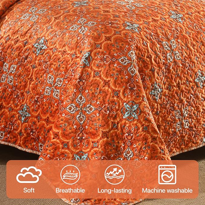 Boho Quilt Queen Set, 3-Piece Hand-Quilted Bedspread, Lightweight All Season - Image 4