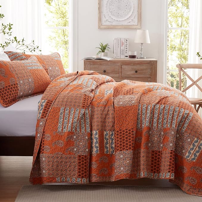 2 Pieces Twin Size Quilt Set Burnt Orange Rust Paisley Bedspread Coverlet - Image 3