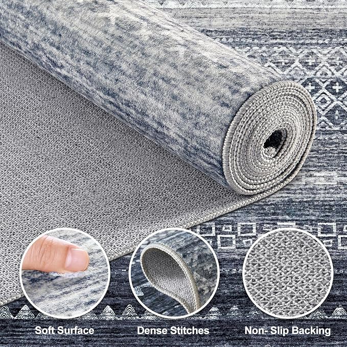 Nakagishi Boho 4x6 Area Rug Living Room Rugs Machine Washable Denim Blue | Soft - Image 3