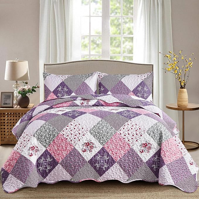 Dinjoy Purple Quilt Set King Size, Reversible Boho Patchwork Bedspreads | Soft by DINJOY