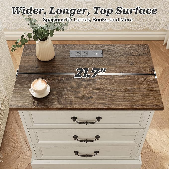 Huuger Nightstand with Charging Station, 3 Drawer Night Stand | 22 Inch Wider - Image 7
