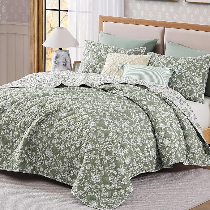 California King Quilt Set-3 Pieces Soft Bedding Floral Reversible Coverlet | - Image 6