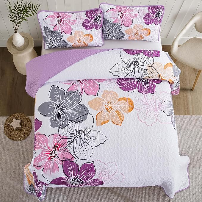 DJY 3 Pieces Quilt Set King Size Purple Floral Pattern, Colourful Floral - Image 3