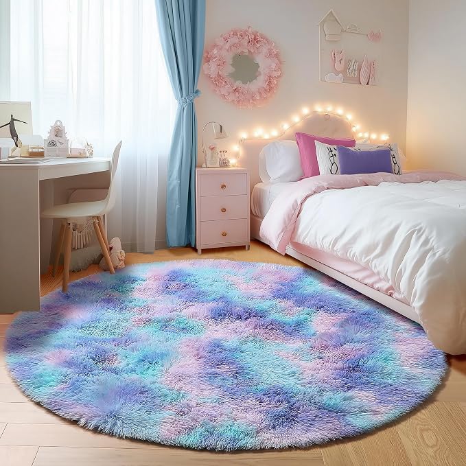 Rainbow Round Area Rugs 5ft, Soft Bedroom Circle Rug Mats by ONASAR