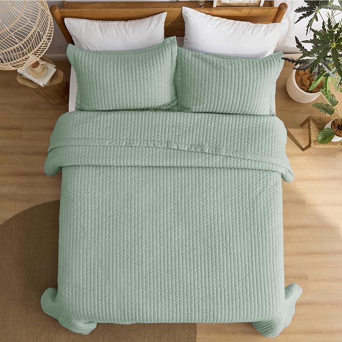 Bedsure Quilts Queen Size, Lightweight Striped Thin Comforter, Sage Green | - Image 9