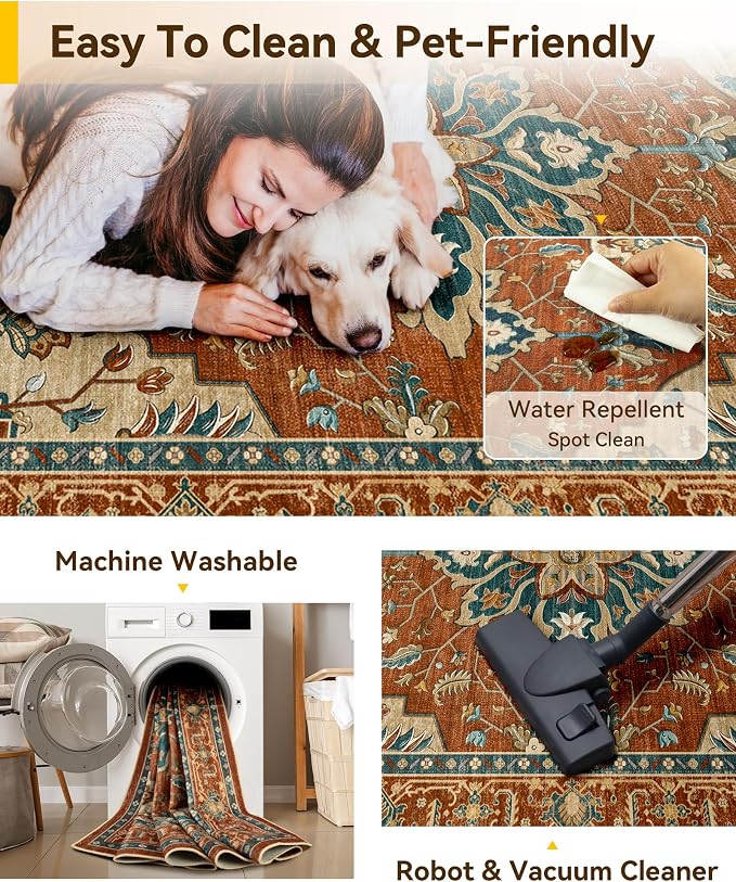 RELEANY Washable Area Rug, Water Repellent, Pet Friendly, Vintage Floral Boho - Image 5