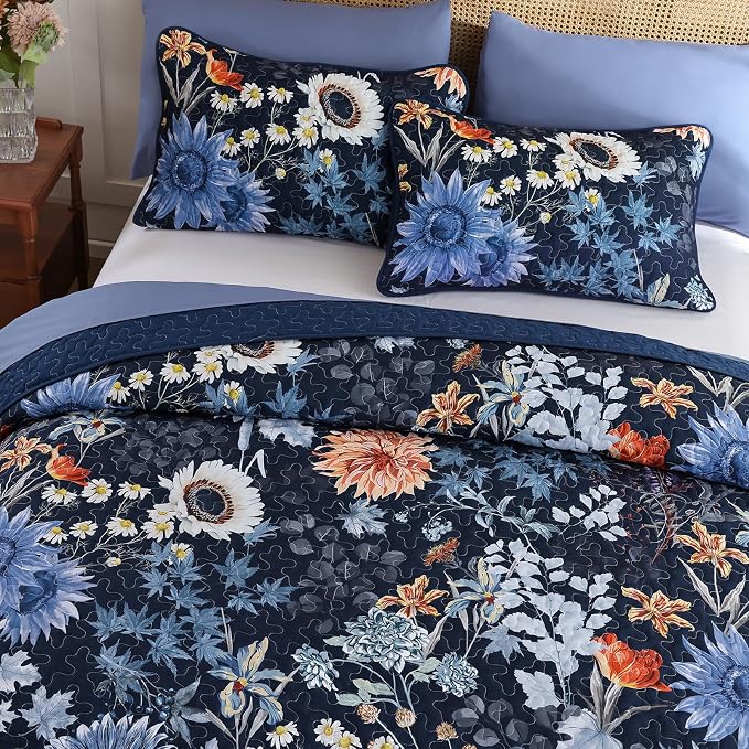Yiran Navy Blue Sunflower Floral Quilt Set Queen Size | Botanical Bedspread - Image 3