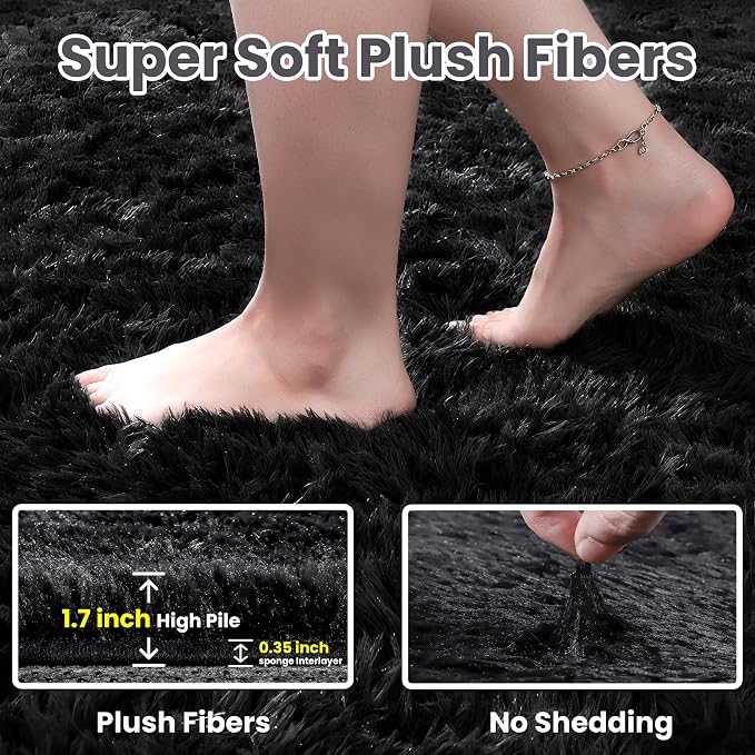 8x10 Fluffy Shag Area Rugs for Living Room Bedroom: Soft Plush Carpet Black | - Image 5