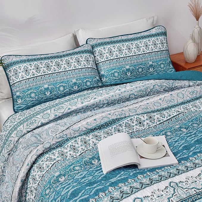 WONGS BEDDING Boho Quilt Set Full, Teal Blue Bohemian Quilt Bedding Set - Image 4