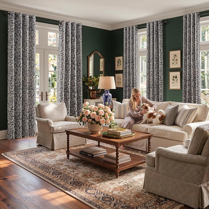 jinchan Blue Floral Blackout Curtians 84 Inch Vintage Grommet 2 Panels | Room - Image 8